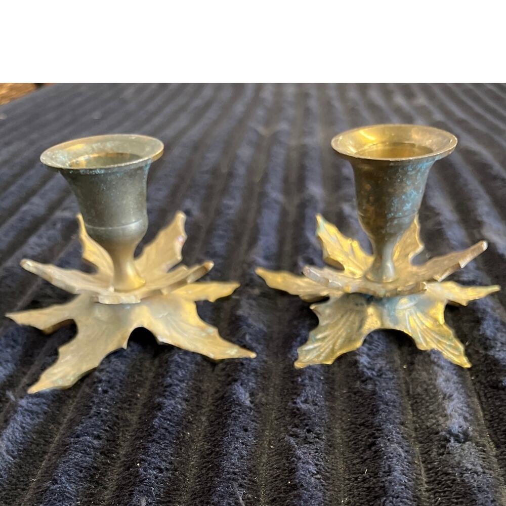 2 Vintage Brass Leaves Candlestick Holders Set of 2 Elegant Home Decor Accent